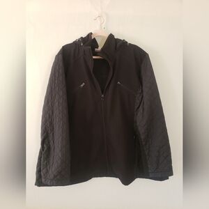 Womens Avenue Black Quilted Sleeve Zip-Up Hooded Coat Size 5X Lined Moto Utility